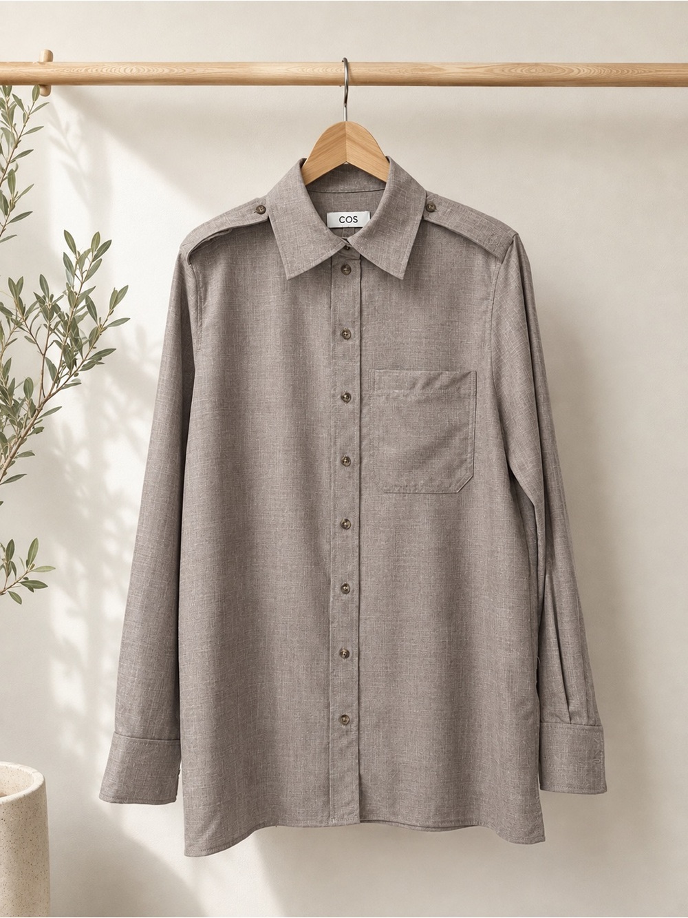 NWT COS Epaulette-Detail Wool Linen Shirt Brown Grey Size 2